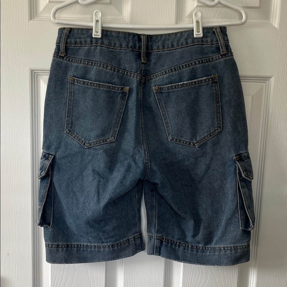 Women’s Denim Cargo Shorts - Dark Blue - Picture 2 of 2